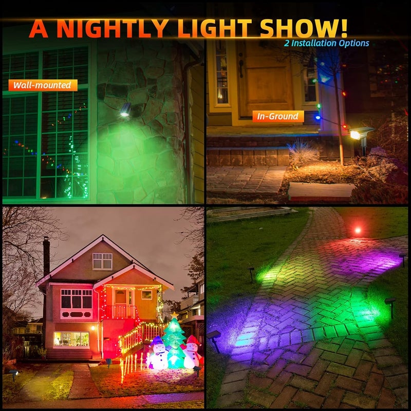 LEREKAM أضواء خارجية شمسية، 40 مصباح LED بتغيير الألوان RGB، أضواء مسار شمسية متعددة الألوان، تعمل بالطاقة الشمسية وUSB، 14 لونًا بتغيير تلقائي للألوان للحديقة، حزمة من 2 - Image 3